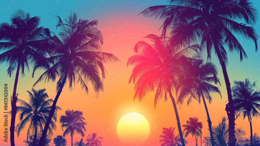 Fototapeta premium Bright Summer Scene with Palm Trees and Sunset 