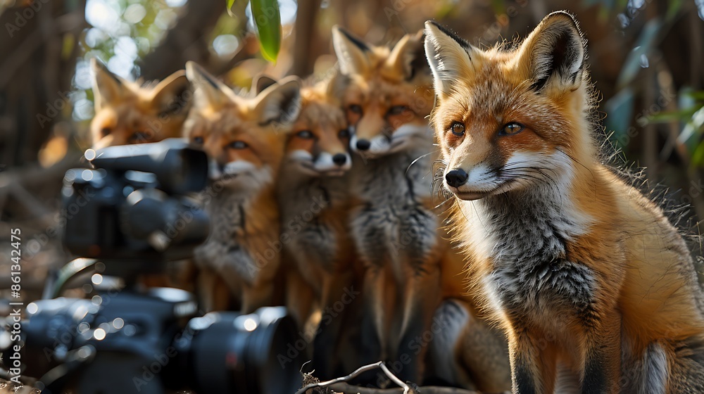 A realistic photo of a wildlife photographer in a hide, using a telephoto lens to capture images of a family of foxes. A realistic photo of a wildlife photographer in a hide, using a telephoto lens to capture images of a family of foxes.