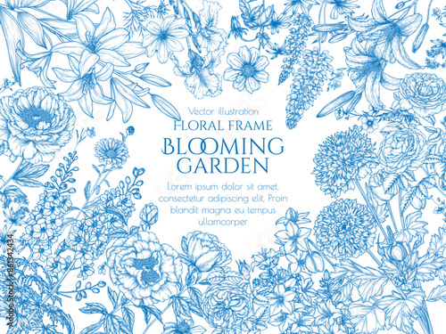 Vector frame of flowers. Delphinium, decorative poppy, peony, rose, iris, lupine, campanula, calendula, dahlia, lily