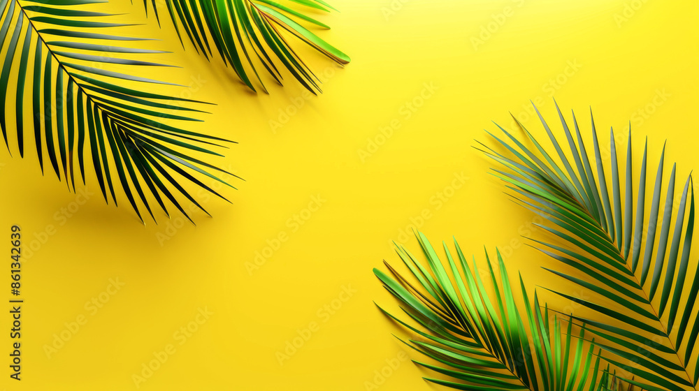 Fototapeta premium Minimalist Green Palm Branches on Yellow 