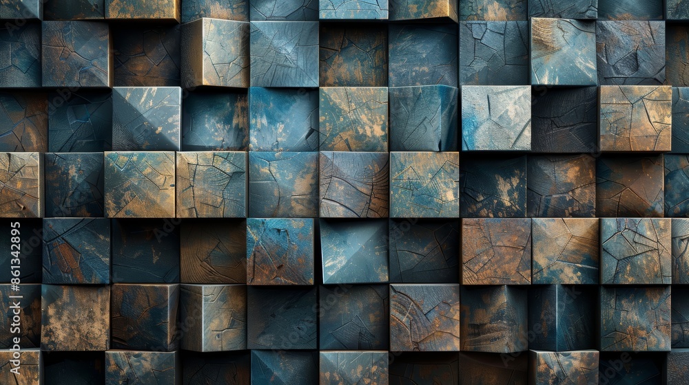 Abstract geometric pattern of blue and brown squares. Abstract geometric pattern of blue and brown squares.