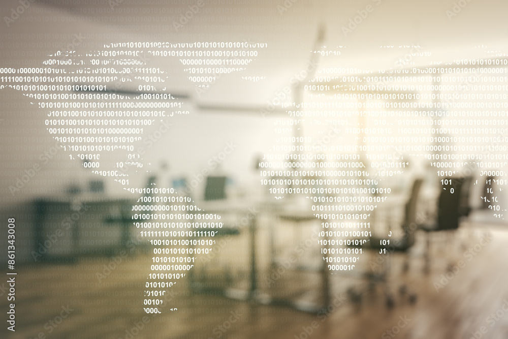 Fototapeta premium Multi exposure of abstract creative digital world map hologram on modern corporate office background, research and analytics concept