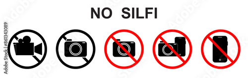 Photo, video and phone prohibition symbol sign set. No photographing and filming prohibit icon logo collection. Vector illustration image. Isolated on white background.