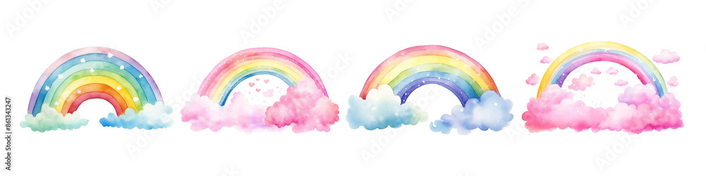 Whimsical watercolor rainbow clouds png set Whimsical watercolor rainbow clouds png set