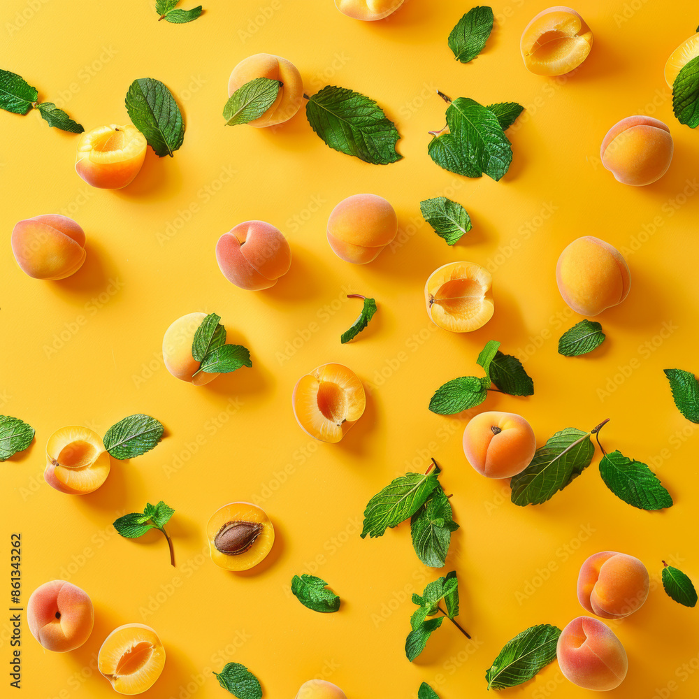 Flying apricots and mint leaves set against a yellow background. Flying apricots and mint leaves set against a yellow background.