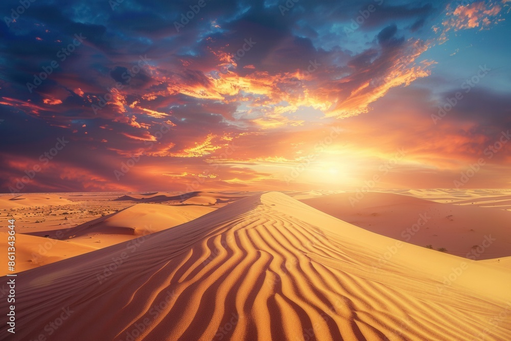 A captivating desert landscape at sunset, showcasing the beauty of golden light illuminating rippling sand dunes. Generative AI A captivating desert landscape at sunset, showcasing the beauty of golden light illuminating rippling sand dunes. Generative AI
