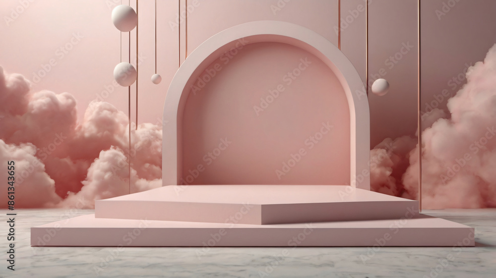 Soft Pink Podium with Arch and Cloudscape Generated with AI Soft Pink Podium with Arch and Cloudscape Generated with AI