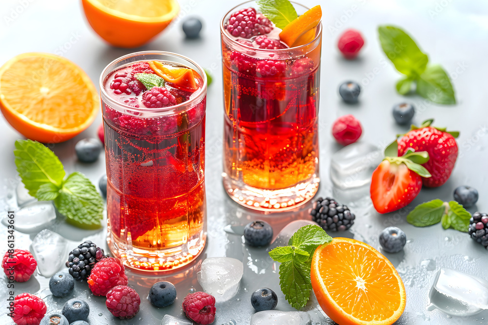 Refreshing berry cocktail with fresh fruits and ice cubes on a light background Refreshing berry cocktail with fresh fruits and ice cubes on a light background
