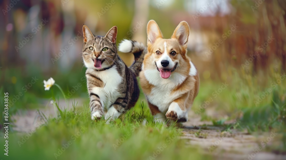 Playful Cat and Dog Running Through a Green Meadow Playful Cat and Dog Running Through a Green Meadow