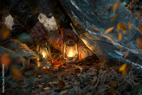 This 16k cinematic wallpaper masterpiece depicts the hands of a man in a natural pose, setting up a Thanksgiving tent with sleeping bags and lanterns in the wilderness, surrounded photo