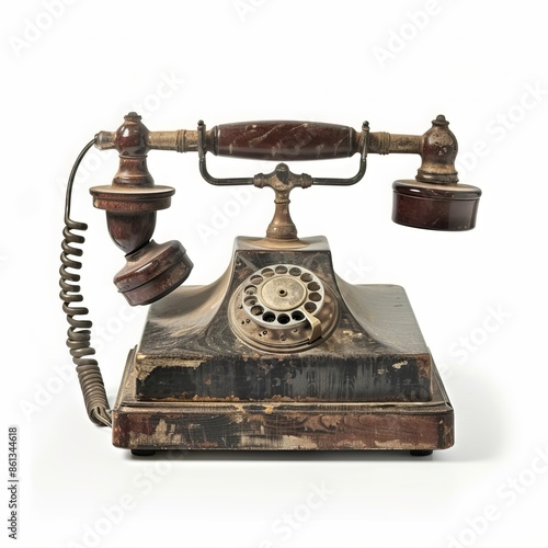 Old vintage phone with twisted wires. Repeated objects pattern. Retro technology on pastel purple background. Minimal composition for social media and workplace concept.Generative Aİ