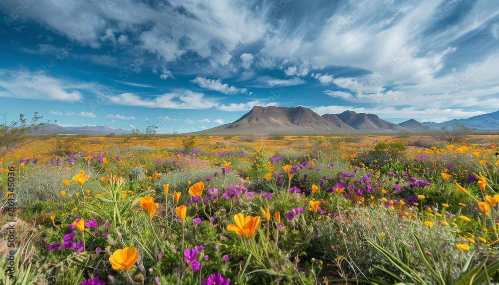 Obraz premium Desert wildflowers in full bloom with a dramatic mountain backdrop and a blue sky
