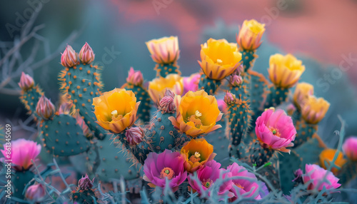 A close-up of vibrant cactus flowers in pink and yellow hues, creating a striking contrast against the desert landscape, capturing the beauty of nature in detail