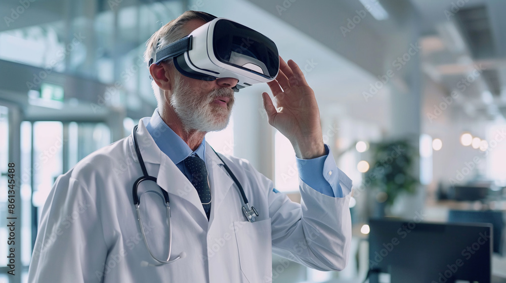 A robot doctor in a hospital room with a tablet in his hands against the background of a hospital room. Future technology concept. A robot doctor in a hospital room with a tablet in his hands against the background of a hospital room. Future technology concept.