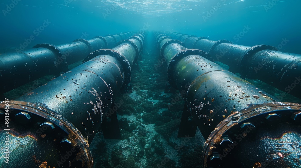 Rows of large metal pipes run along the ocean floor, sunlight filtering down from above. Rows of large metal pipes run along the ocean floor, sunlight filtering down from above.