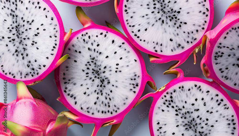 Close-up of multiple dragon fruit halves showcasing their vibrant pink exterior and white flesh with black seeds Close-up of multiple dragon fruit halves showcasing their vibrant pink exterior and white flesh with black seeds