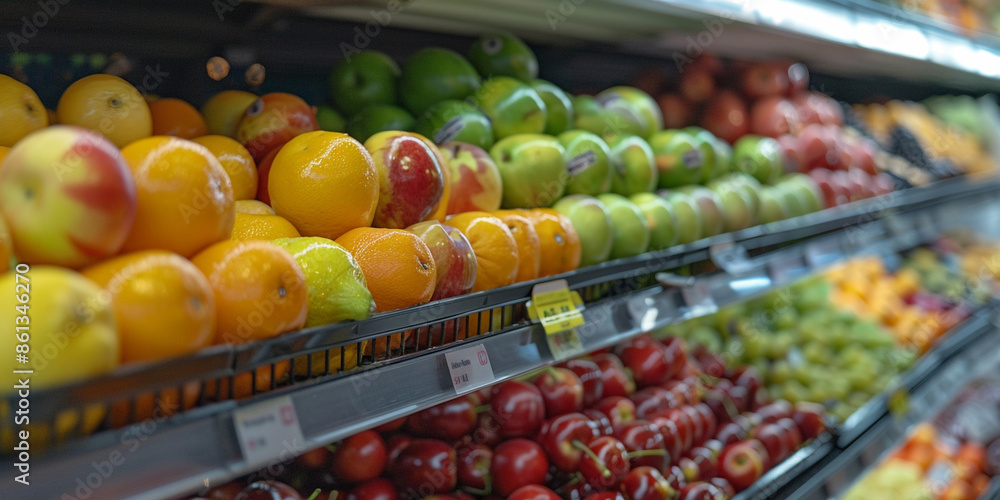 Vibrant selection of fresh fruits on grocery store shelves with store background Vibrant selection of fresh fruits on grocery store shelves with store background