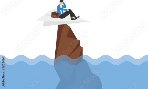 Hopeless businesspeople stuck on plan on high cliff. Life or business stuck, struggle with problem or obstacle. Mistake or failure cause hopeless situation, business difficulty. Flat vector

