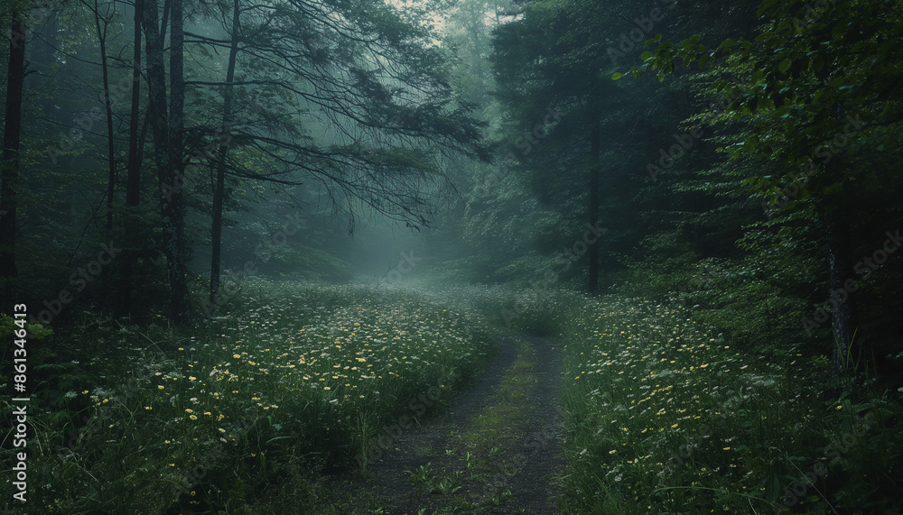 Obraz premium A serene and misty forest path lined with wildflowers, creating a tranquil and enchanting scene that evokes a sense of peace and natural beauty