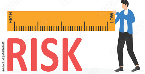 Smart businessman using wooden ruler and measuring risk. Measuring tape in hands of business person making measurements. Risk management, business analyze, crisis precaution. flat vector illustration
