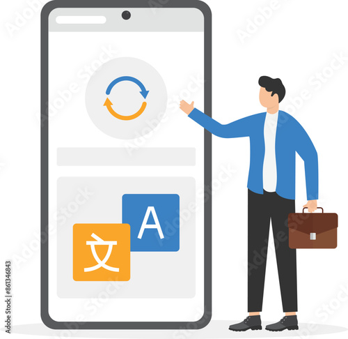 Language translator, dictionary, bot translator. Place for text and speech bubbles on the mobile phone screen. Online translation app. Businessmen or students want to translate foreign text using thei