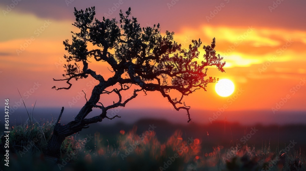 Fototapeta premium As the sun dips below the horizon, the juniper tree's silhouette becomes more pronounced, its intricate details highlighted against the fading light, creating a serene and contemplative atmosphere