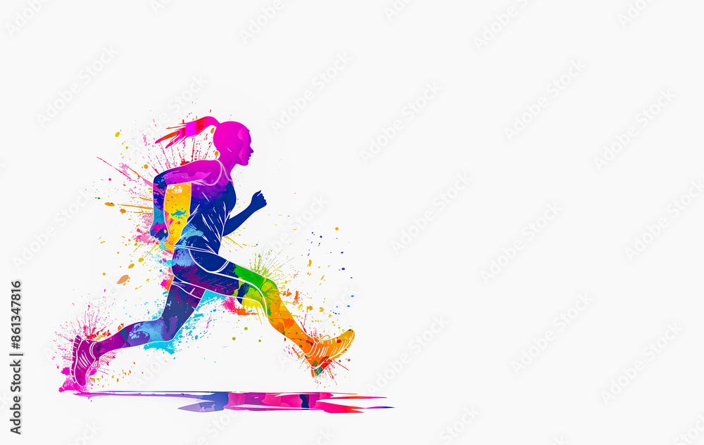 Colorful painted silhouette of a female runner in motion with a paint splash effect on a white background with copy space. Colorful painted silhouette of a female runner in motion with a paint splash effect on a white background with copy space.
