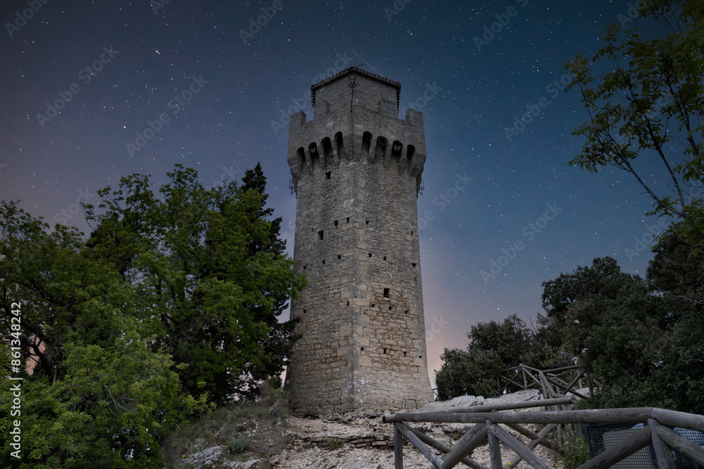 front view of the third medieval tower of san marino at night front view of the third medieval tower of san marino at night