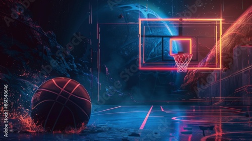 Basketball banner background with ball. Illustration generated by ai