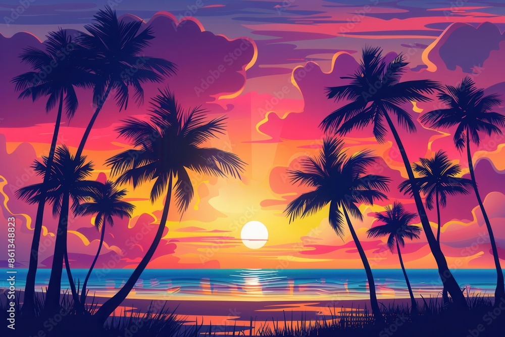 Fototapeta premium A beautiful sunset paints the sky in vibrant hues as palm trees stand tall. The calm ocean reflects the golden light, creating a serene scene. Generative AI