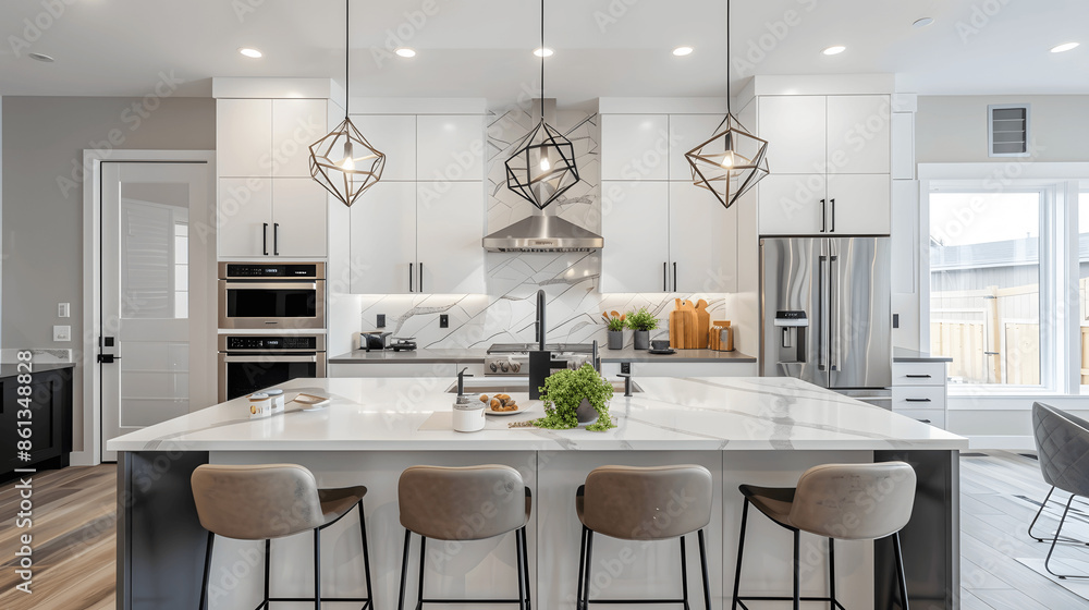 Modern kitchen with marble island and stainless steel appliances Modern kitchen with marble island and stainless steel appliances