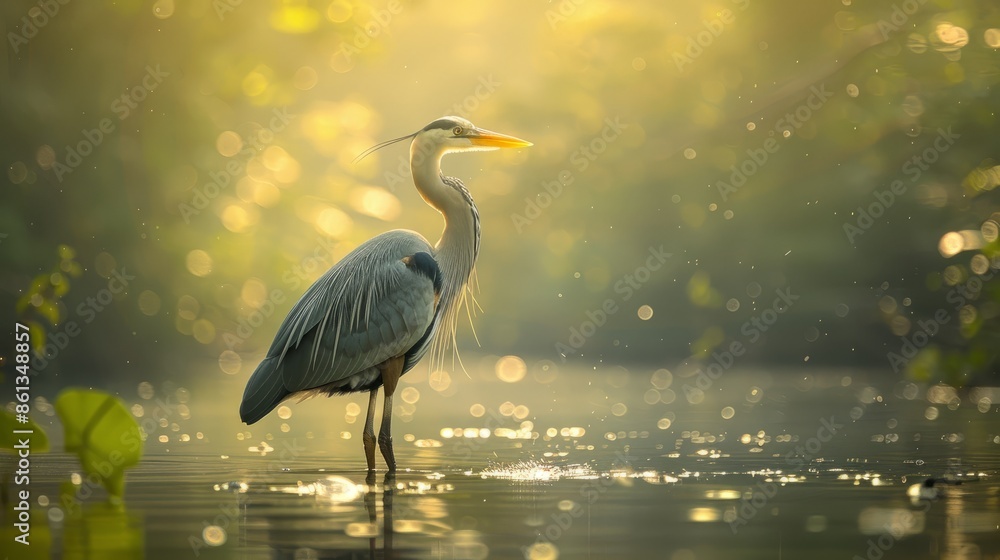 Naklejka premium Graceful heron poised by the water's edge