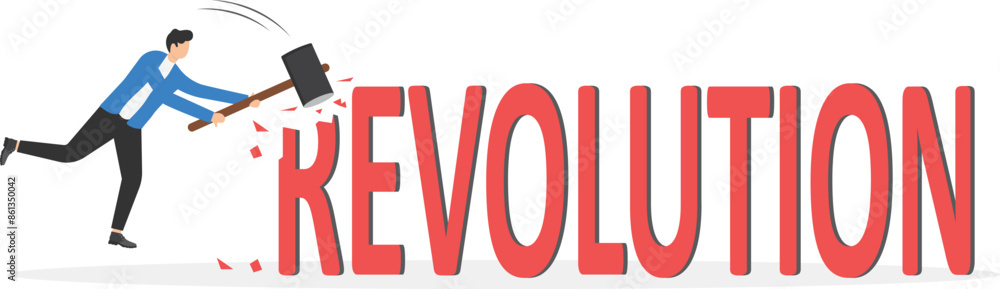 Evolution instead of revolution, hand uses a big hammer and breaks the letter. Stable development instead of global upheavals and change of political or economic regime. Flat vector illustration
Evolution instead of revolution, hand uses a big hammer and breaks the letter. Stable development instead of global upheavals and change of political or economic regime. Flat vector illustration