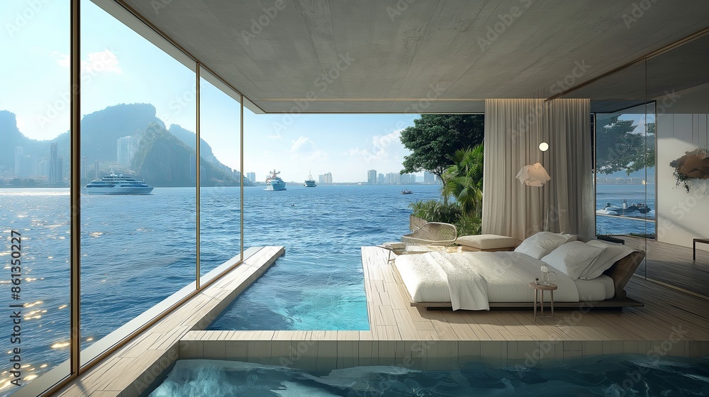 Fototapeta premium Luxurious Oceanfront Bedroom with Glass Floor and Blue Hues