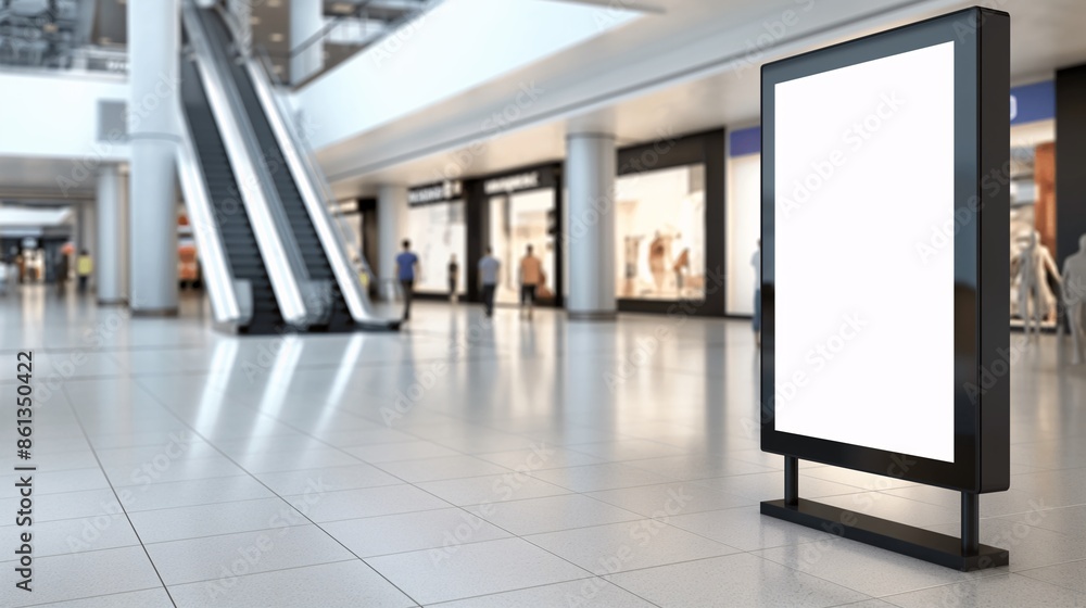 An empty billboard in front of a shopping mall, with shoppers and storefronts visible An empty billboard in front of a shopping mall, with shoppers and storefronts visible