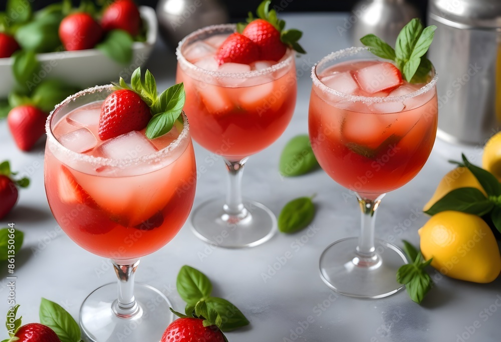 A bright cocktail, a drink with the flavor of strawberry and mint A bright cocktail, a drink with the flavor of strawberry and mint