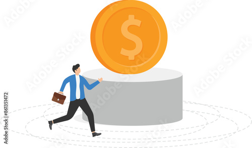 Businessman running around the money. Goal is on a high pedestal. Business man in search of the right path to business or career development. Find a path to success and goals. flat vector illustration