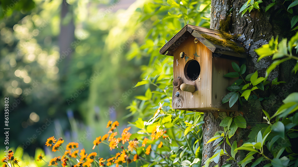 a birdhouse on a tree with yellow flowers in the background.