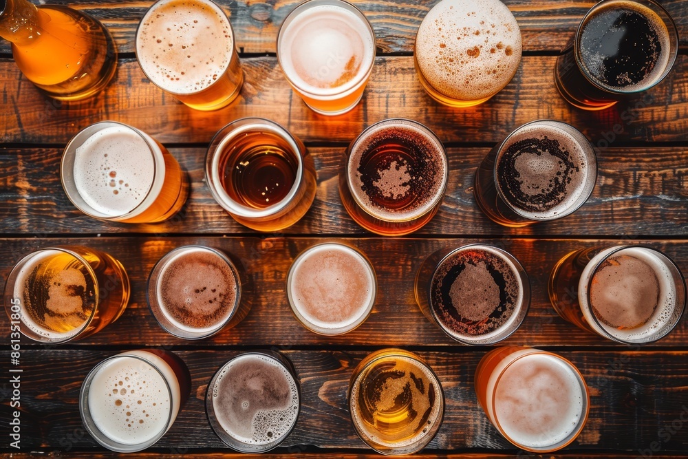 Assorted lager glasses on pub table top view of various sizes and full frothy beers Assorted lager glasses on pub table top view of various sizes and full frothy beers