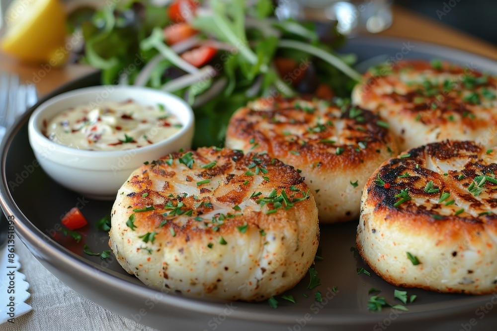 A delicate plate of crab cakes, garnished with a lemon aioli and a small salad of mixed greens. A delicate plate of crab cakes, garnished with a lemon aioli and a small salad of mixed greens.