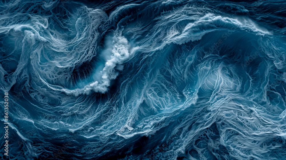 Obraz premium The image is of a large wave in the ocean, with foam and spray coming off of it. The wave is very large and powerful, and it seems to be crashing down on the shore. Scene is one of awe