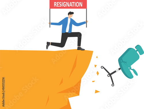 Businessman throw office chair and things from cliff down. Happy employee holds resignation placard, freedom from corporate slavery. Quitting an unloved job. flat vector illustration
