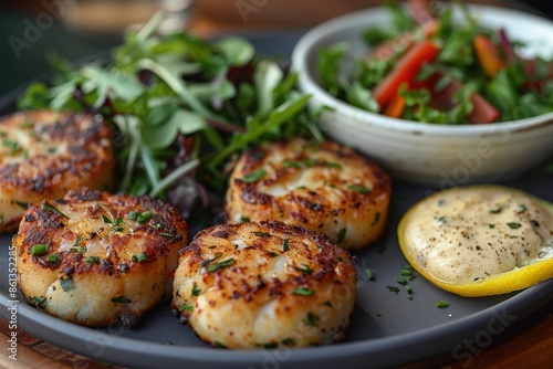 A delicate plate of crab cakes, garnished with a lemon aioli and a small salad of mixed greens. 