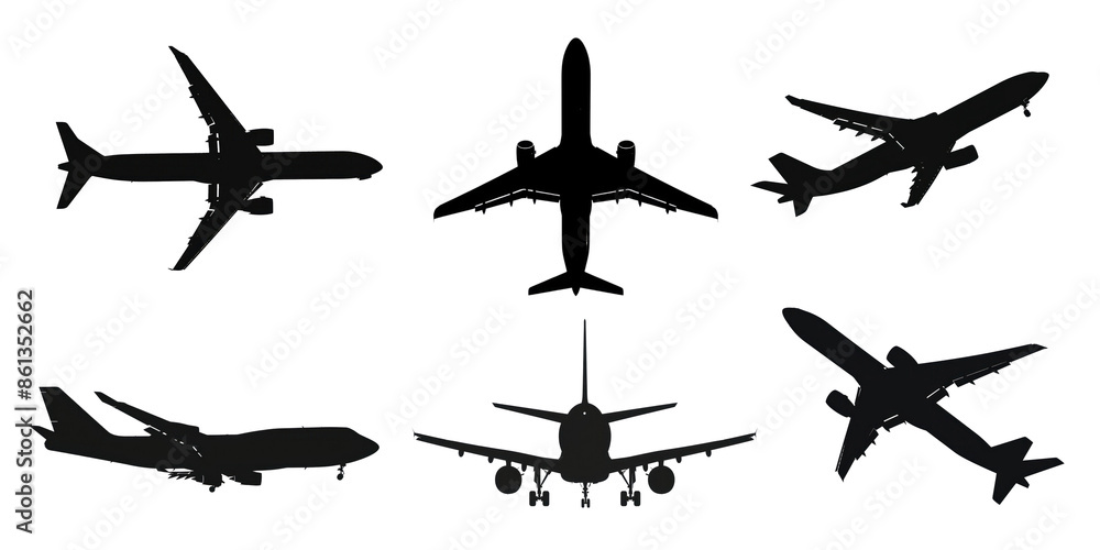 Airplane silhouette black transportation set Airplane silhouette black transportation set