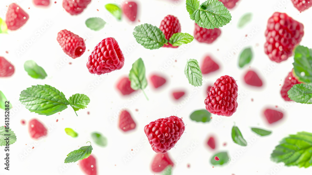 Flying raspberries with green mint leaves, lemon balm, and melissa, isolated on a white background. Featuring sweet, ripe, fresh summer berries and organic food, rich in vitamins. Flying raspberries with green mint leaves, lemon balm, and melissa, isolated on a white background. Featuring sweet, ripe, fresh summer berries and organic food, rich in vitamins.