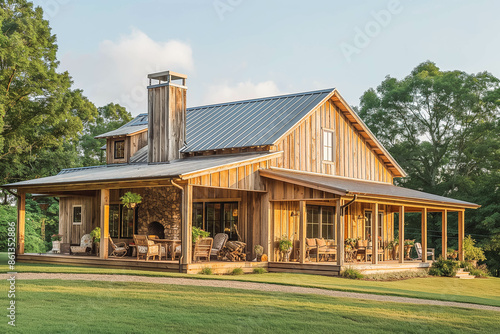 A rustic farmhouse with a metal roof, wooden exterior, and large porch. photo