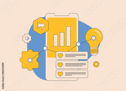 Social media optimization digital marketing strategy. Audience engagement, create content for attracts followers, smm trend analysis. Social media optimization isolated vector illustration with icons