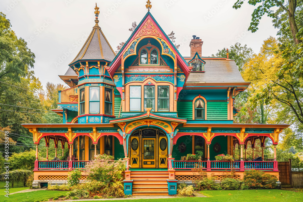 Fototapeta premium A Victorian-era house with ornate details, a wraparound porch, and vibrant colors.