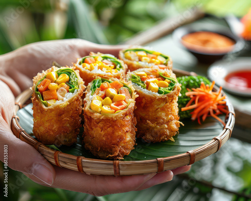 Crispy and Savory Thai Coconut Pancakes with Sweet Corn Filling, Khanom Bueang Delicious Street Food Delight for Authentic Flavors in Every Bite photo