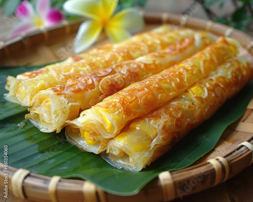 Delicious Thai Coconut Pancakes with Sweet Corn Filling Khanom Bueang, Crispy and Savory Traditional Street Food from Thailand Explore Unique Asian Cuisine photo